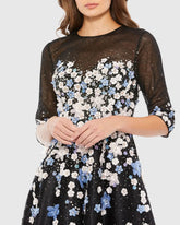 Black Floral Embroidered A-Line Tea-Length Cocktail Dress